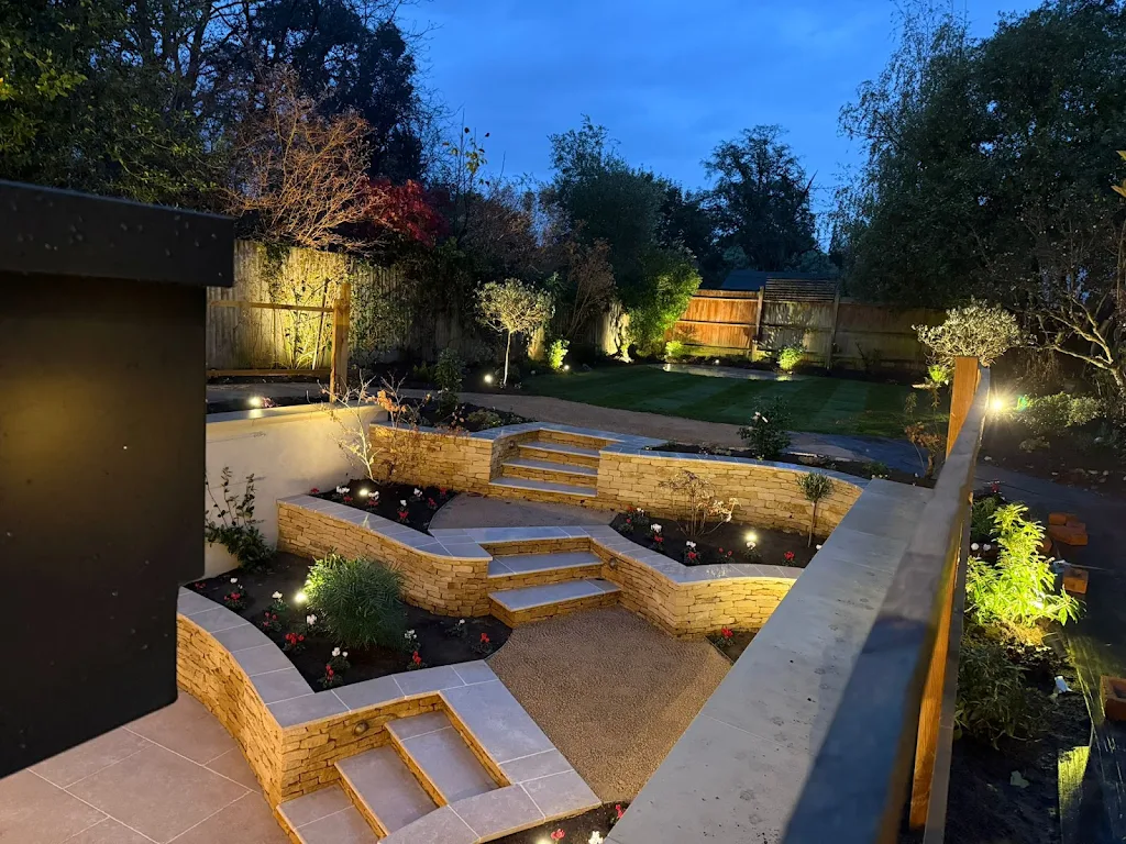 Luxury landscaped garden with lighting